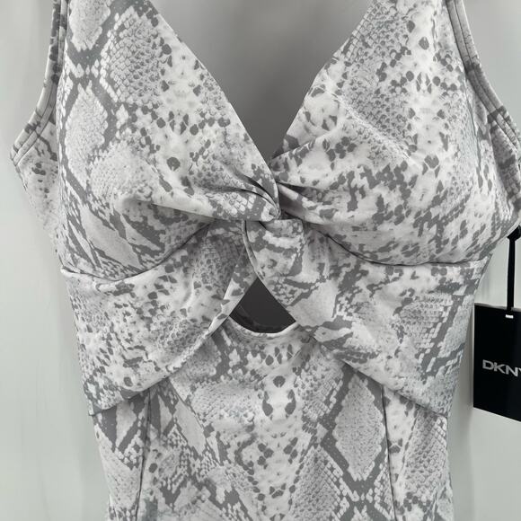 DKNY Swimsuit Size 8 One Piece NWT Gray White Scoop Back Twist Front Swim Beach - Picture 9 of 16